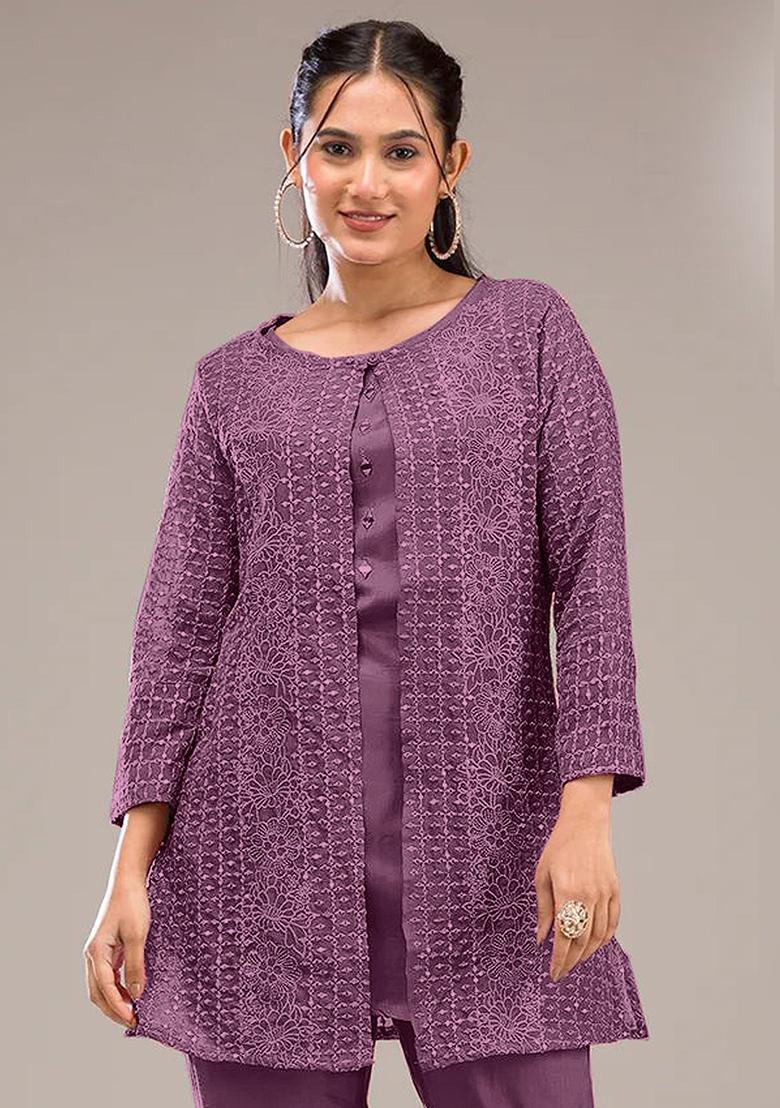 Purple Motif Georgette Kurta Set - Indya