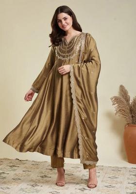 Light Brown Embroidery Silk Kurta Set