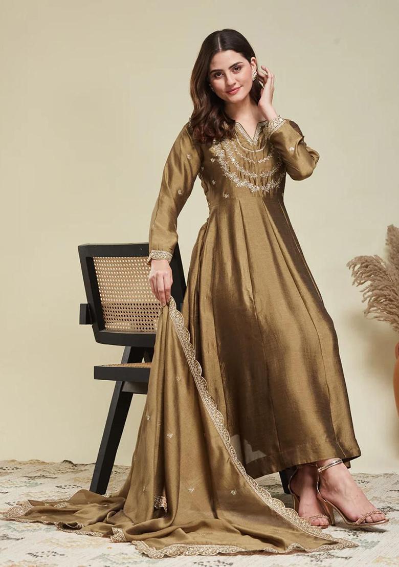Light Brown Embroidery Silk Kurta Set - Indya