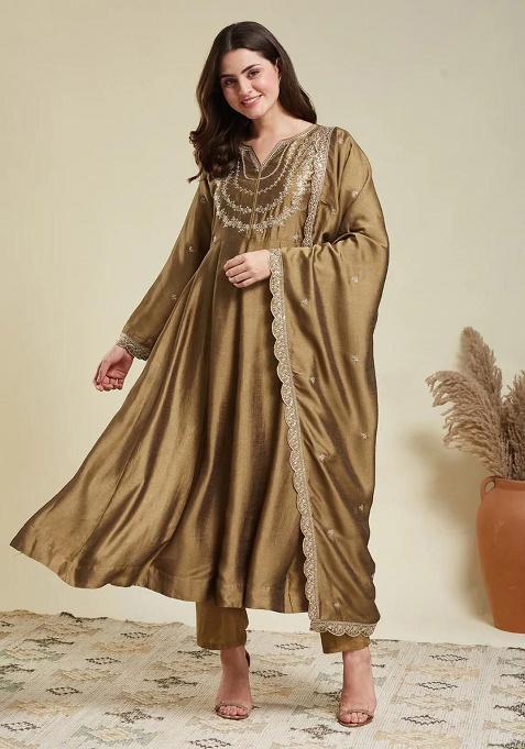 Light Brown Embroidery Silk Kurta Set