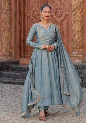 Grey Embroidery Silk Kurta Set