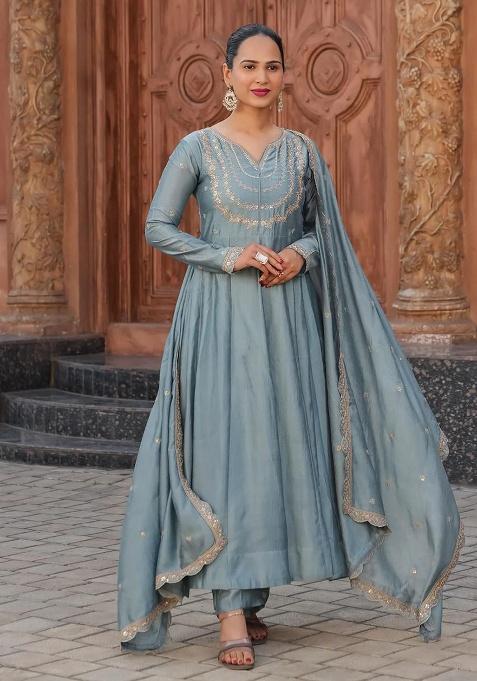 Grey Embroidery Silk Kurta Set