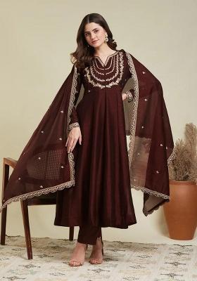 Maroon Embroidery Silk Kurta Set