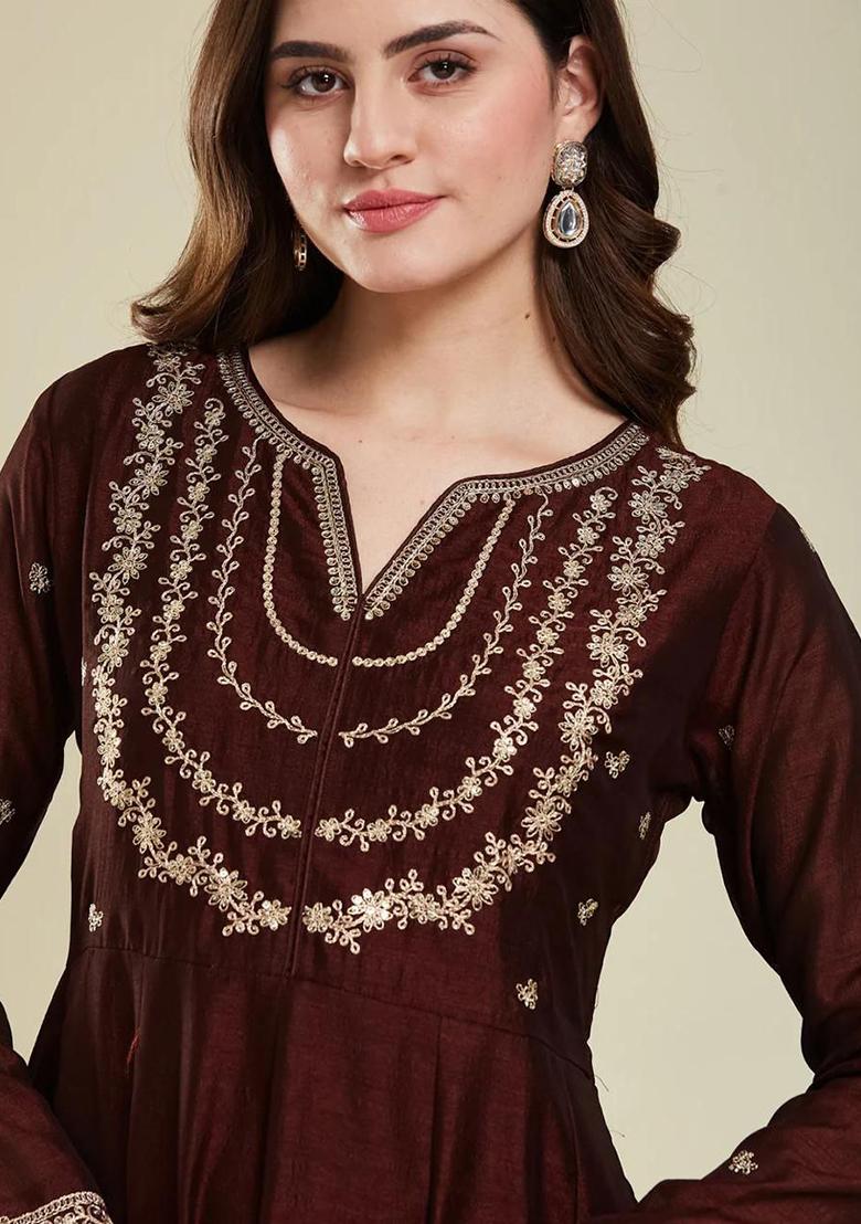 Maroon Embroidery Silk Kurta Set - Indya