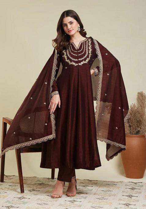 Maroon Embroidery Silk Kurta Set