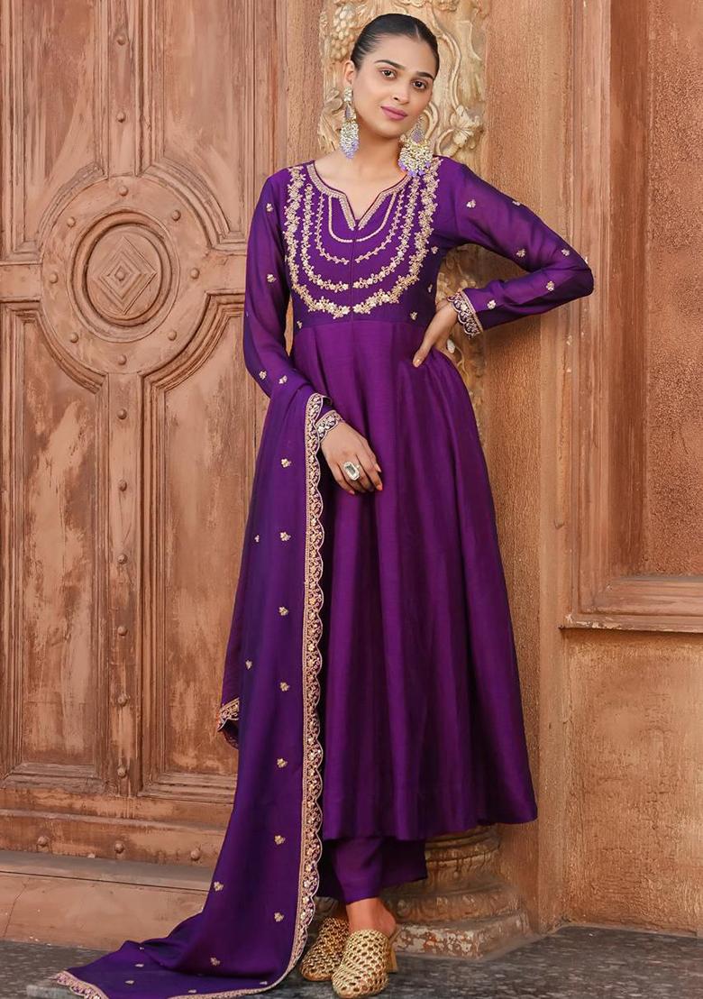 Purple Embroidery Silk Kurta Set - Indya