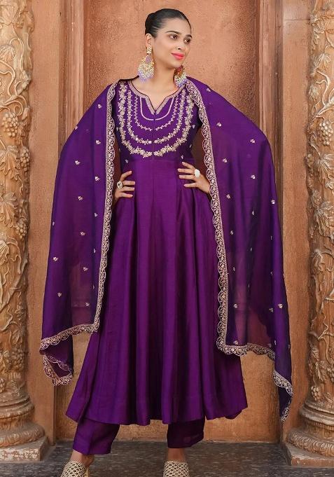 Purple Embroidery Silk Kurta Set