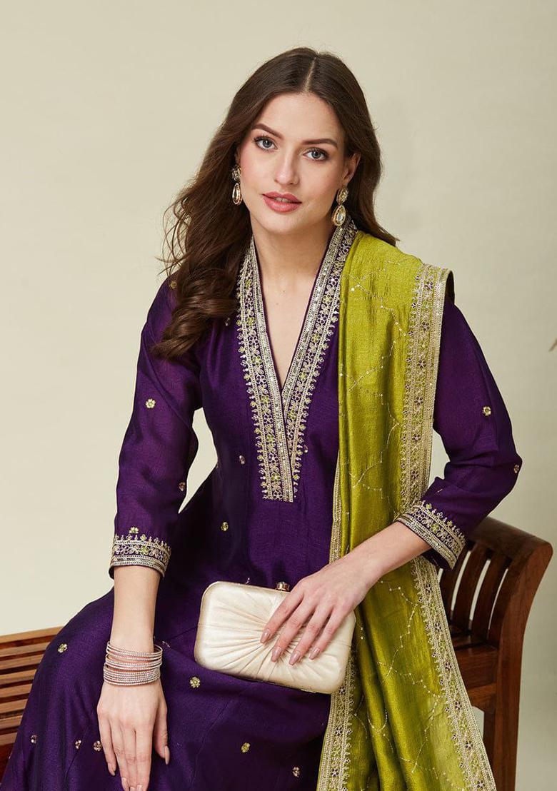 Purple Embroidery Silk Kurta Set - Indya