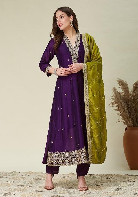 Purple Embroidery Silk Kurta Set