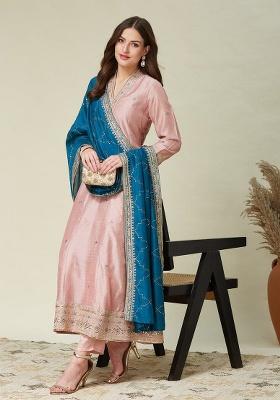 Peach Embroidery Silk Kurta Set