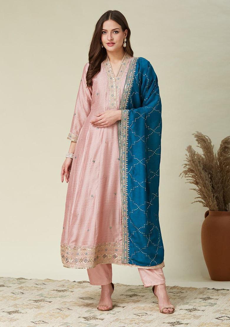 Peach Embroidery Silk Kurta Set - Indya