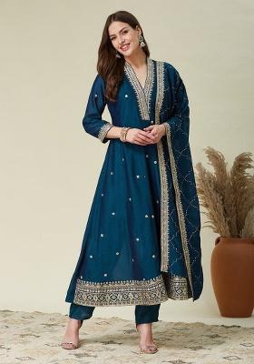 Teal Embroidery Silk Kurta Set