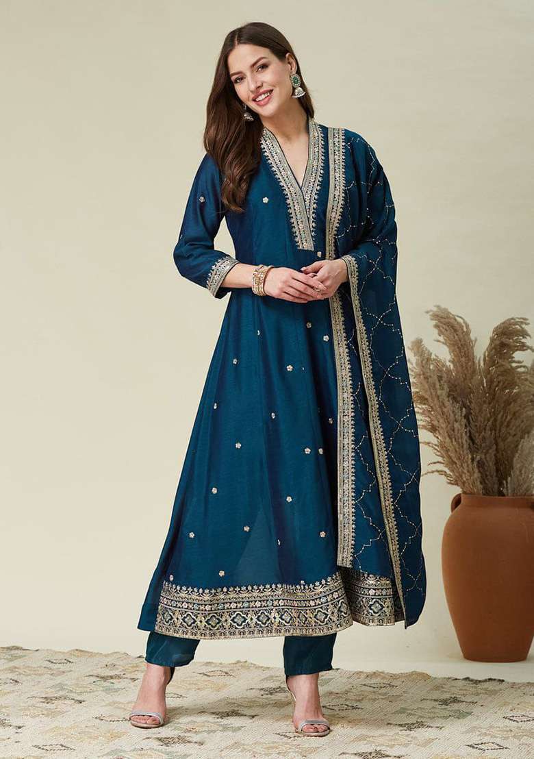 Teal Embroidered Silk Blend Anarkali Set - Indya