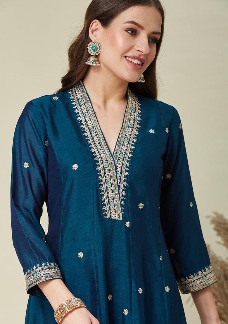 Teal Embroidery Silk Kurta Set - Indya
