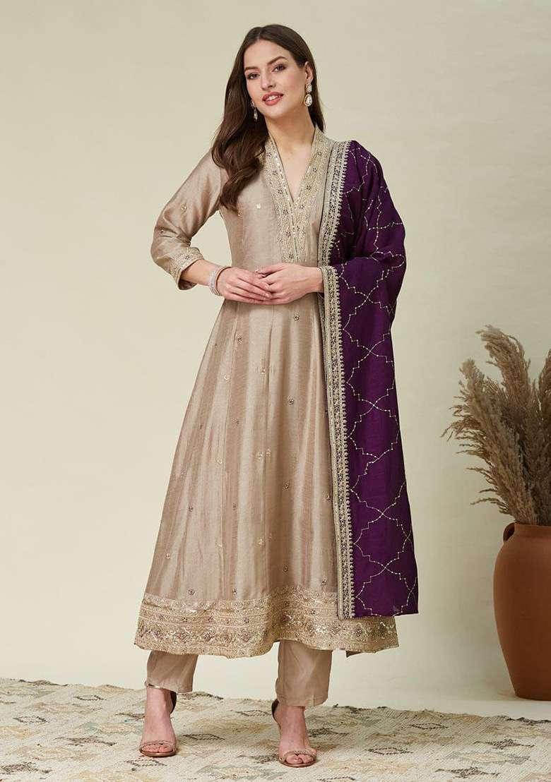 Cream Embroidered Silk Blend Anarkali Set - Indya