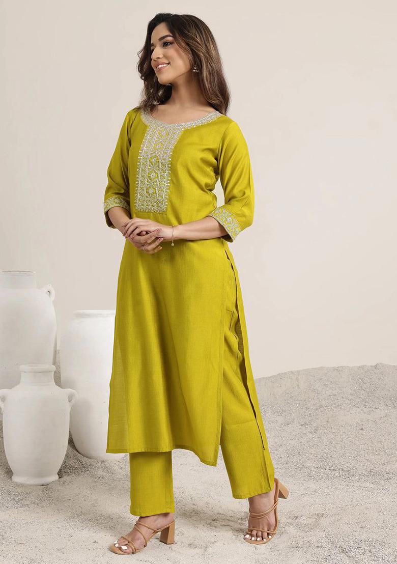Pista Green Embroidery Rayon Kurta Set - Indya