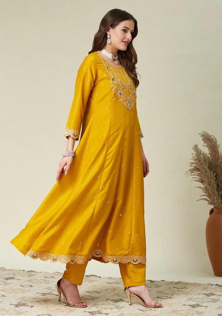 Yellow Embroidery Silk Kurta Set - Indya