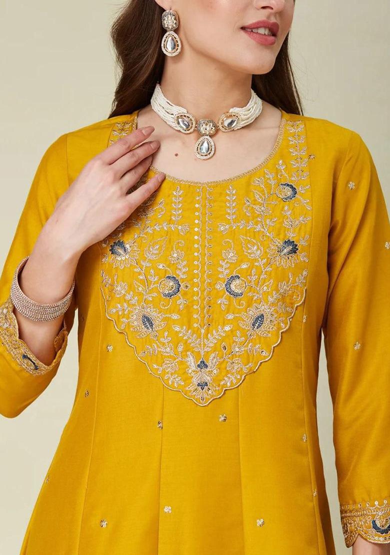 Yellow Embroidery Silk Kurta Set - Indya