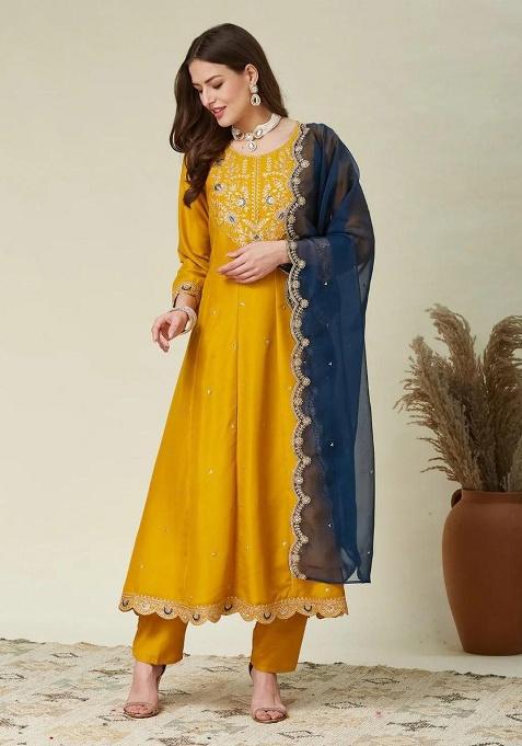 Yellow Embroidery Silk Kurta Set