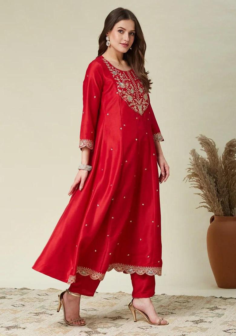 Red Embroidery Silk Kurta Set - Indya