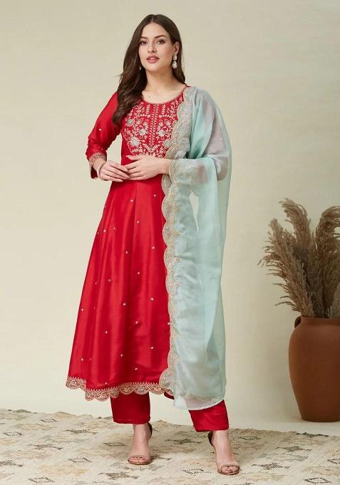 Red Embroidery Silk Kurta Set