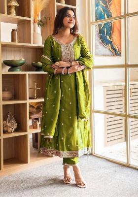 Mahendi Green Embroidery Silk Kurta Set