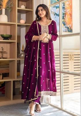 Wine Embroidery Silk Kurta Set
