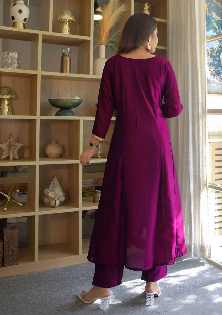 Wine Embroidery Silk Kurta Set - Indya