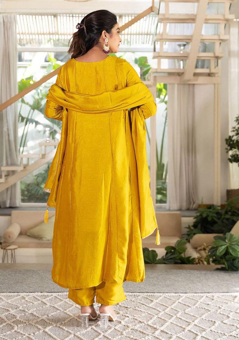 Yellow Embroidery Silk Kurta Set - Indya