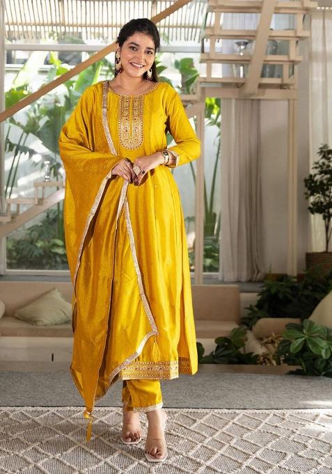 Yellow Embroidery Silk Kurta Set