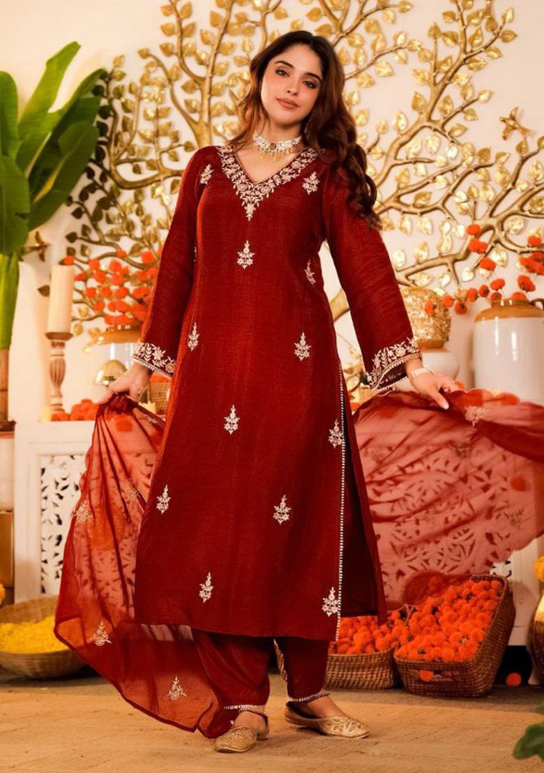 Maroon Embroidery Silk Kurta Set - Indya