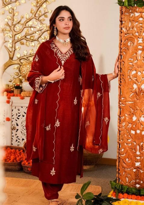 Maroon Embroidery Silk Kurta Set