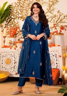 Teal Embroidery Silk Kurta Set