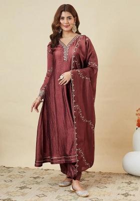 Maroon Embroidery Silk Kurta Set