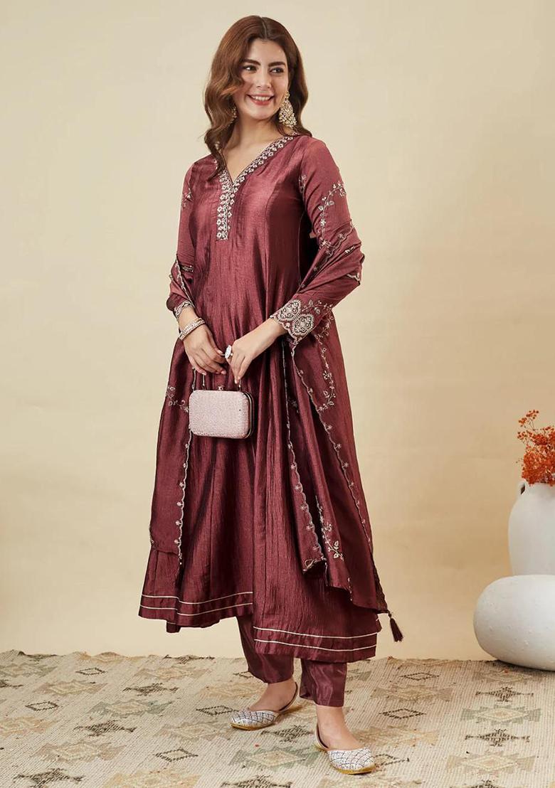 Maroon Embroidery Silk Kurta Set - Indya