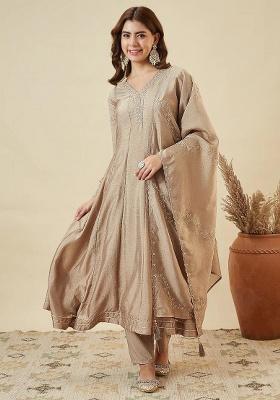 Beige Embroidery Silk Kurta Set