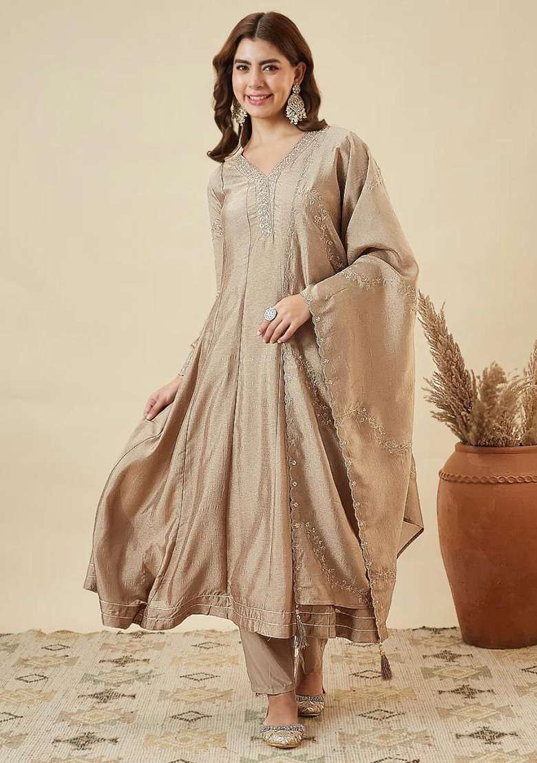 Beige Embroidered Silk Blend Anarkali Set - Indya