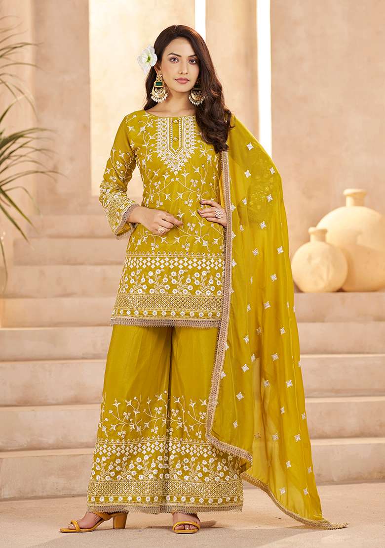 Mustrad Yellow Chikankari Georgette Straight Kurta Set - Indya
