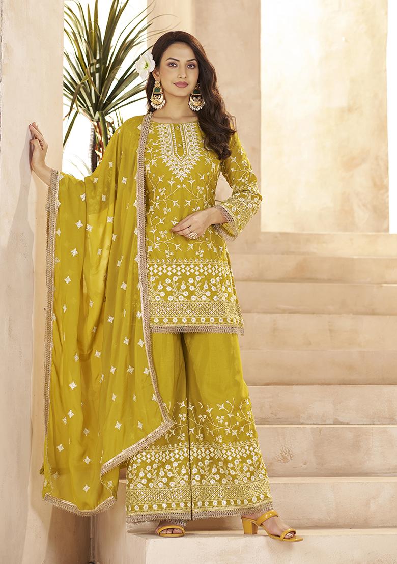 Mustrad Yellow Sequence Georgette Kurta Set - Indya