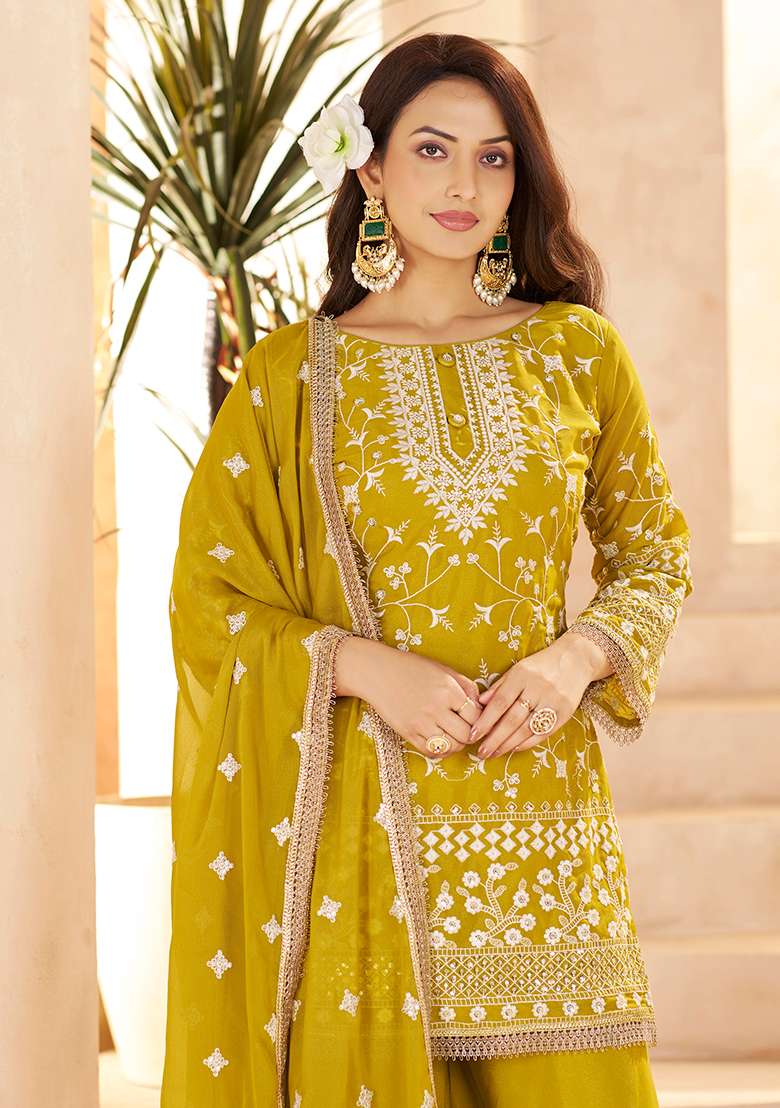 Mustrad Yellow Chikankari Georgette Straight Kurta Set - Indya