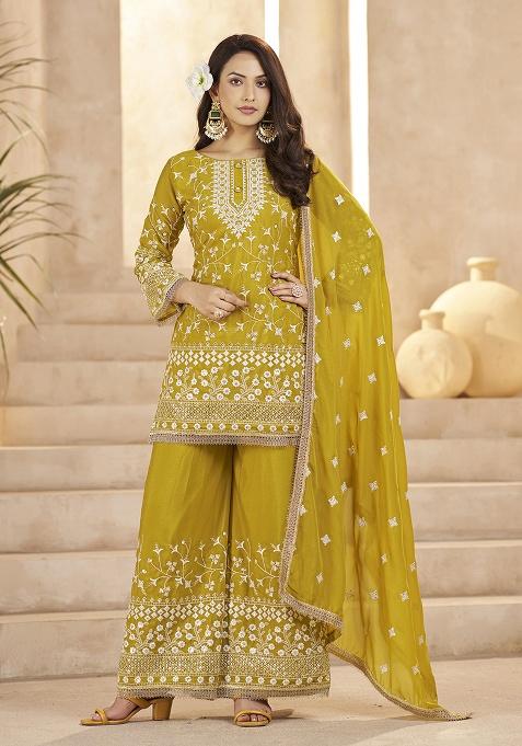Mustrad Yellow Sequence Georgette Kurta Set