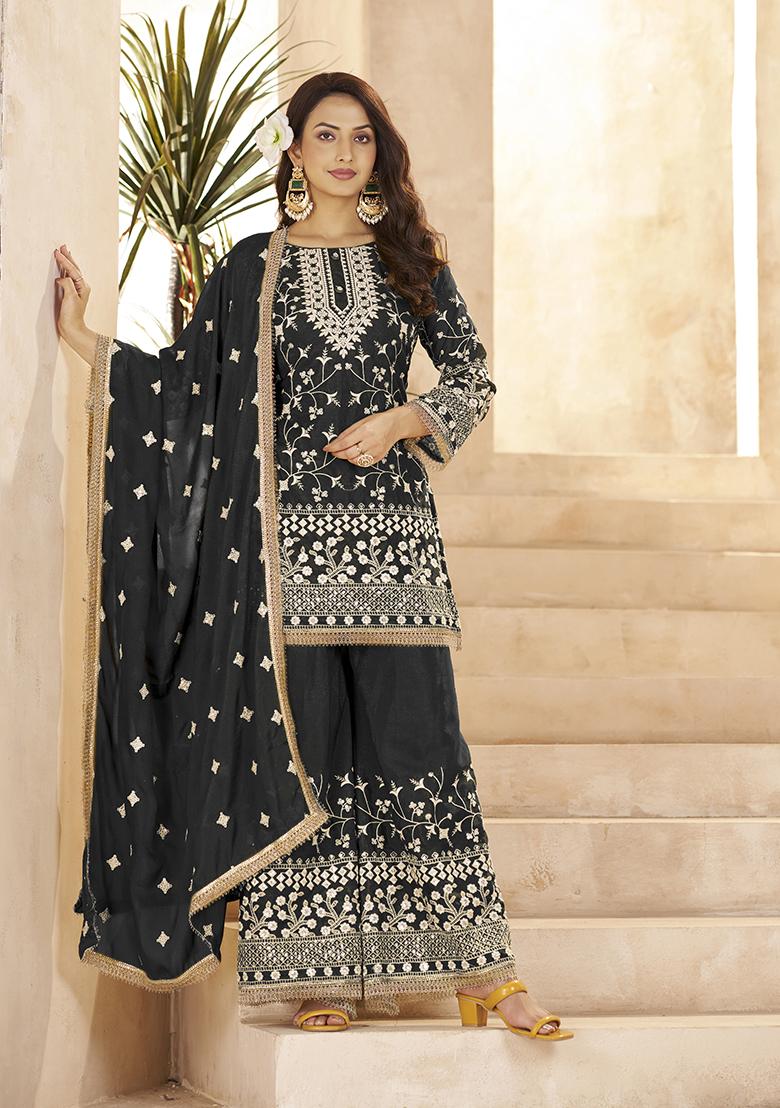 Black Sequence Georgette Kurta Set - Indya