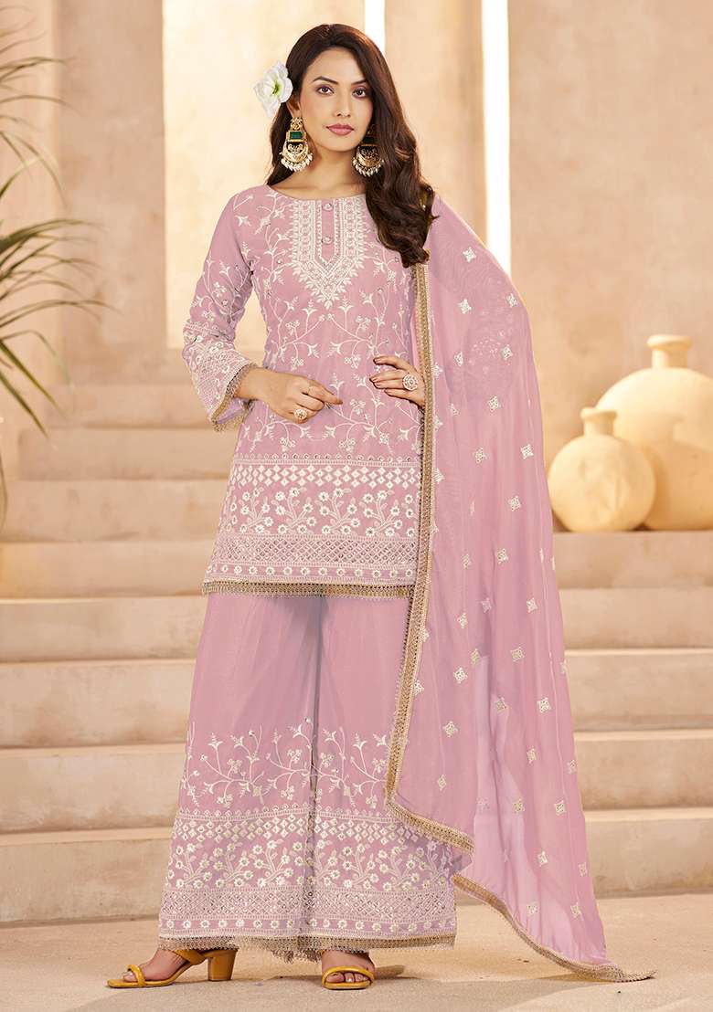 Onion Pink Chikankari Georgette Straight Kurta Set - Indya