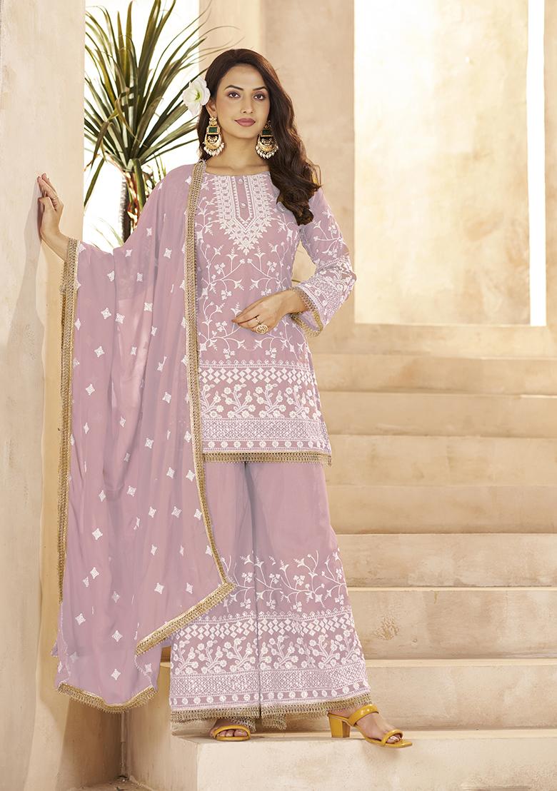 Onion Pink Sequence Georgette Kurta Set - Indya