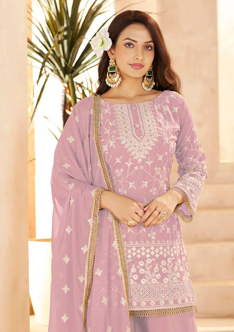 Onion Pink Chikankari Georgette Straight Kurta Set - Indya