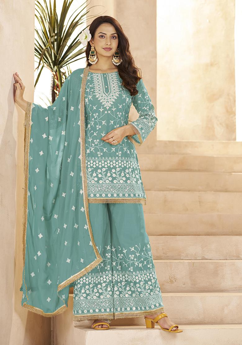 Aqua Blue Sequence Georgette Kurta Set - Indya