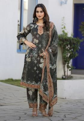 Grey Printed Chinon Kurta Set