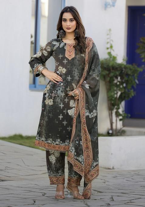Grey Printed Chinon Kurta Set