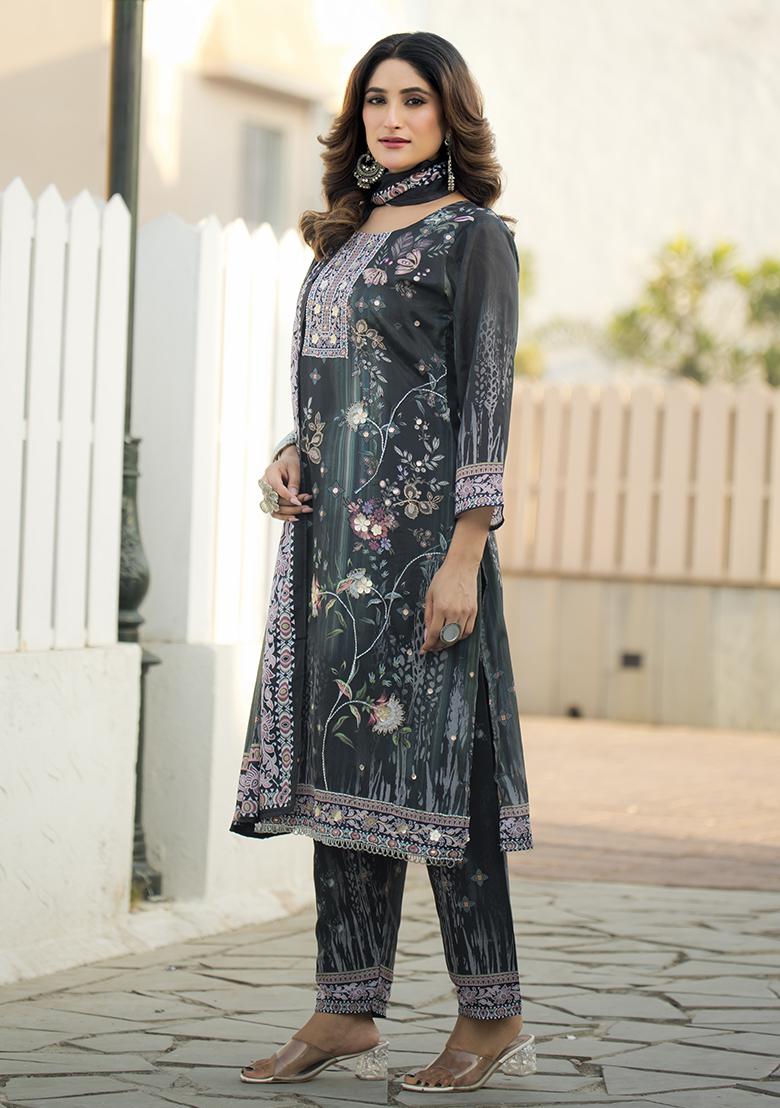 Black Printed Chinon Kurta Set - Indya