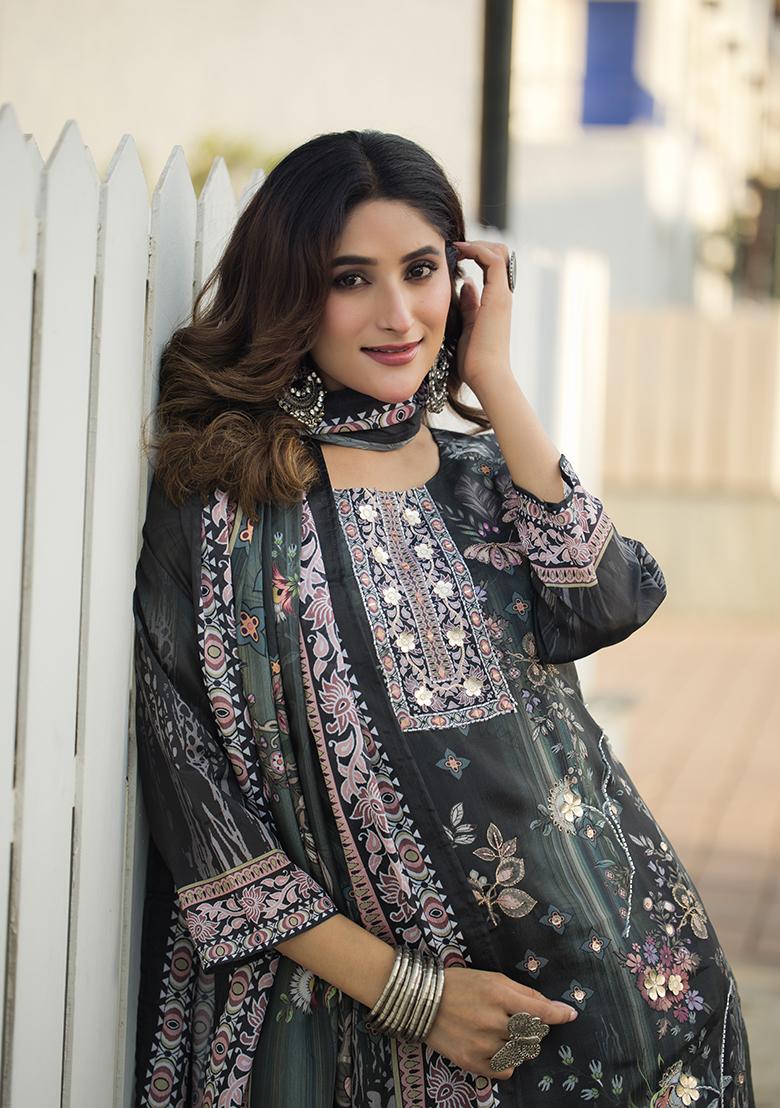 Black Printed Chinon Kurta Set - Indya
